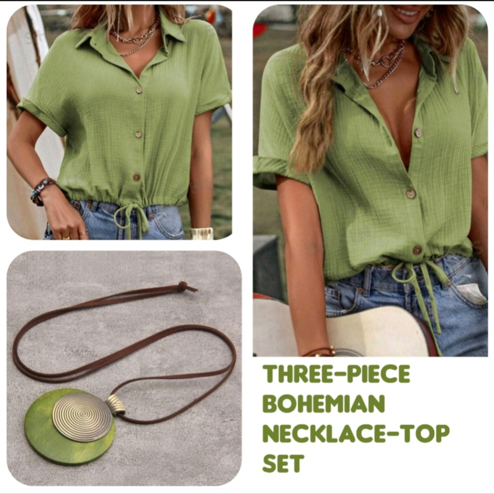 4 Pc Outfit Green Womens Top with Jewelry Necklace Tassel Earrings Avocado - Picture 2 of 11